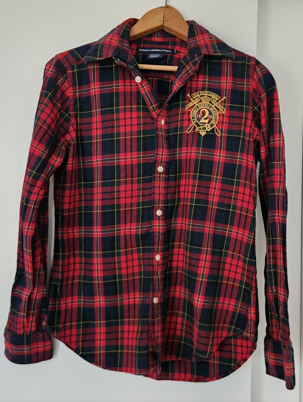 Ralph Lauren Sport Womens Top 8 Vtg Plaid Button Front Preppy Crest Polo Red